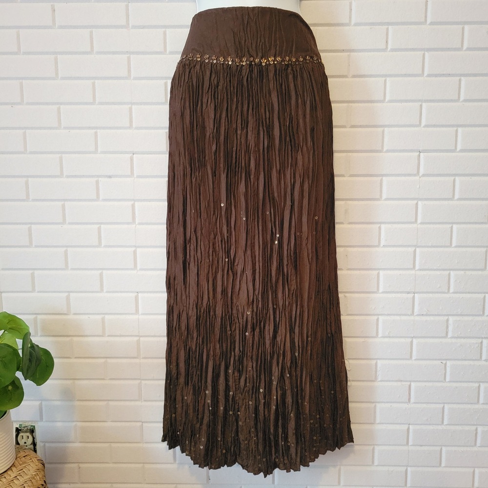 Vintage 90s Talbots Silk Maxi Skirt 10 Brown Crinkle Sequins Beaded Boho